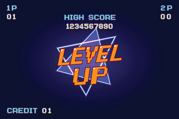 LEVEL UP !! text on blue background. pixel art .8 bit game. retro game. for game assets in vector illustrations.	