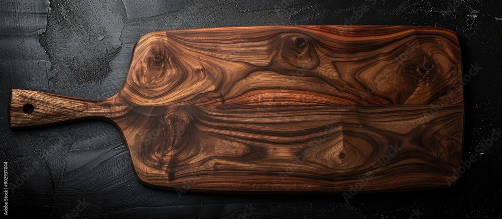 Poster handmade walnut wood cutting board displayed on a black surface with copy space image