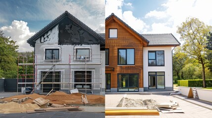 Transformation of Residential Home Exterior From Construction to Finished Modern Design Under Bright Sunny Sky