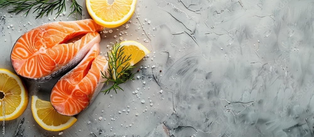 Aufkleber top view of fresh raw salmon steaks with lemon and dill on a gray background perfect for cooking wit