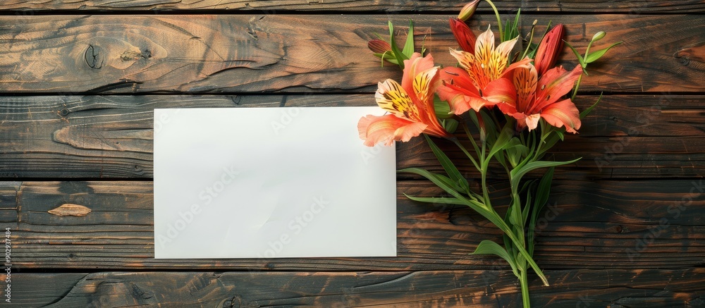 Poster top view of a wooden background with a banner and copy space image featuring a flower bouquet alongs
