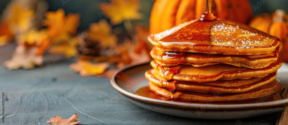 Poster selective focus on pumpkin pancakes with syrup on a plate placed on a table with copy space image av