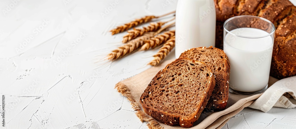 Aufkleber healthy food concept with a glass of milk and whole wheat bread on white background for text placeme