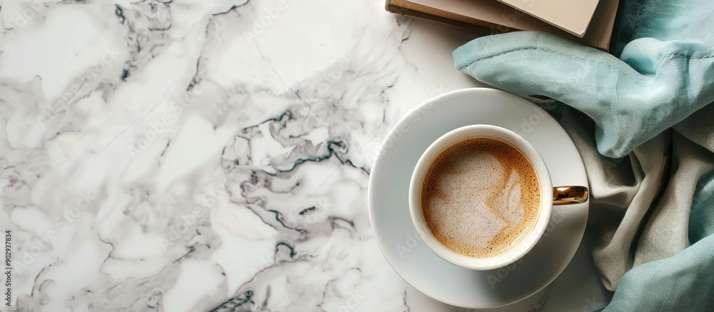 Leinwandbilder top view of a marble table with a coffee cup and books creating a stylish setup with copy space imag