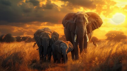 Obraz premium A family of elephants walking across a savannah at sunset, showcasing the bond between generations in the animal kingdom.