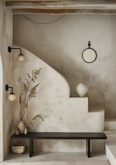 Minimalist Interior Design With Curved Wall And Wooden Bench