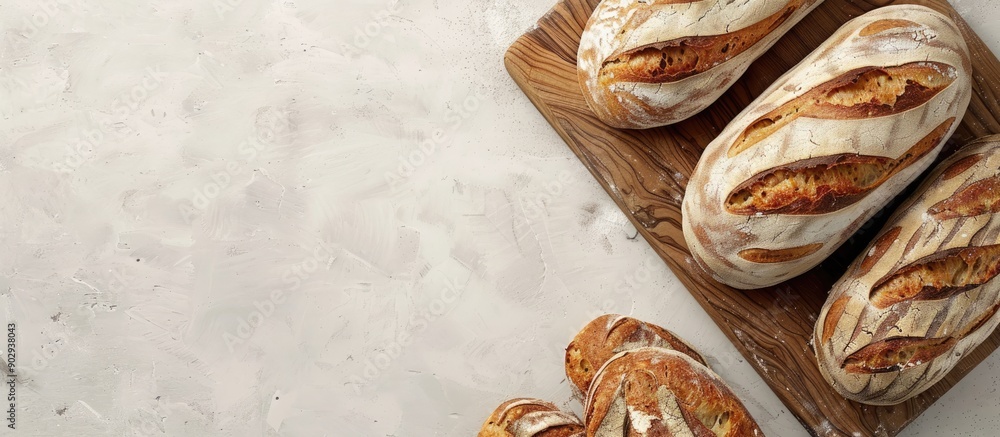 Poster A high quality photo of a bakery display featuring golden rustic loaves of bread on a wooden board placed on a light background captured from above with a layout including copy space image