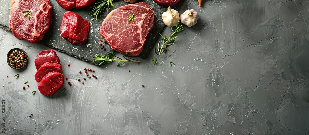 Poster Fresh beef cuts arranged on a grey table creating a flat lay composition with a designated copy space image