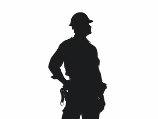 Black silhouette vector image of a construction worker standing with tools and wearing a hard hat, emphasizing readiness and professionalism in a clean and simple outline design