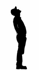 Black silhouette vector image of a construction worker standing with tools and wearing a hard hat, emphasizing readiness and professionalism in a clean and simple outline design