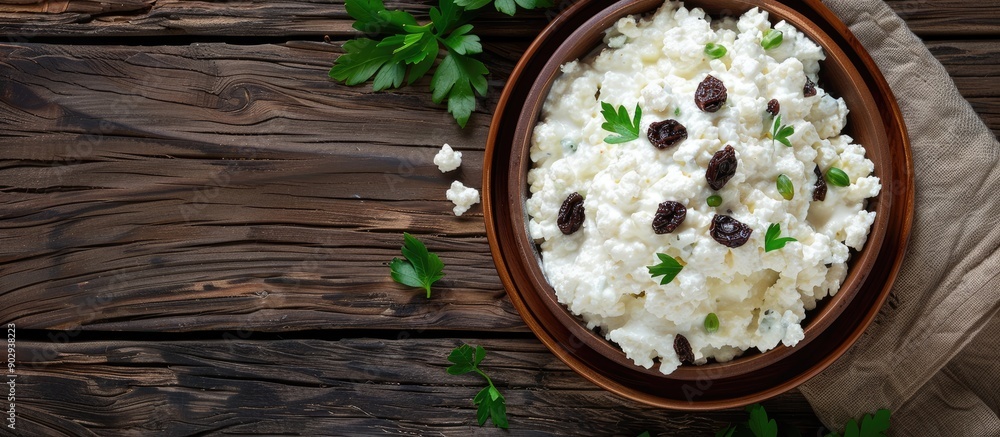 Leinwandbilder a rustic wooden background serves as the setting for a bowl of cottage cheese accompanied by sour cr