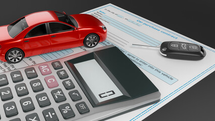 purchase of new car, purchase and sale contract, purchase and sale of vehicles, payment of vehicle tax, car insurance, rental car, payment of rent, purchase of vehicle, 3d illustration