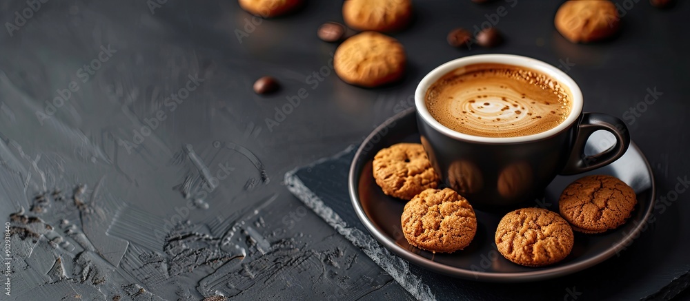 Aufkleber Selective focus on a dark background enhances a visually appealing composition of a cup of fresh coffee accompanied by Amaretti cookies creating an aesthetic copy space image