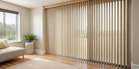 Detail of closed beige vertical blinds in a bedroom interior , blinds, window, interior design,...