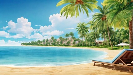 Fototapeta premium Summer Resort Beach Sea Relax Travel Vacation Palm Tropic Copy Space Banner Background Hotel 