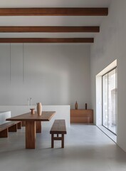Minimalist Interior Design With Wooden Beams and a Large Window
