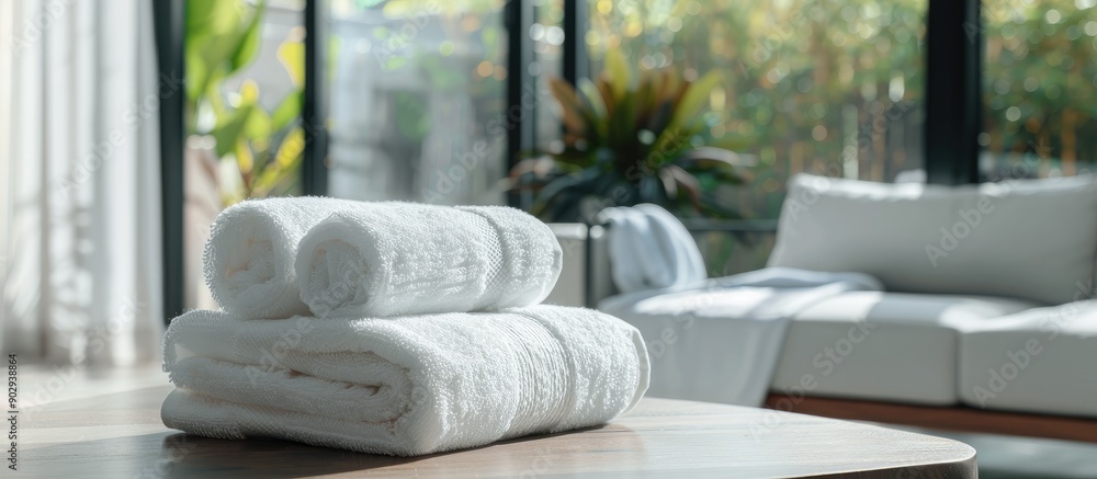 Poster White towels neatly rolled on a table with a clear space for an image against a soft focus living room backdrop suitable for showcasing products. Creative banner. Copyspace image