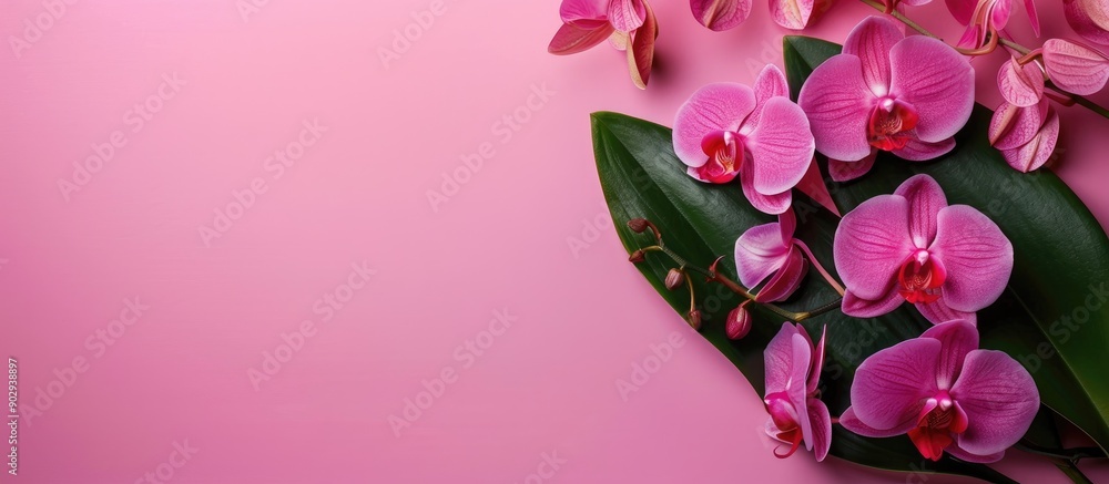 Poster orchid flowers and leaves beautifying color background with copy space image