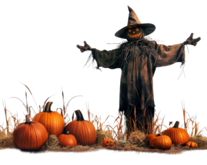A scarecrow with a pumpkin and a pumpkin on the ground. The scarecrow is dressed in a costume and has a pumpkin on its head