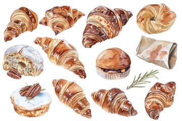 Watercolor Croissant. Hand-Painted Bakery Product in Vintage Style