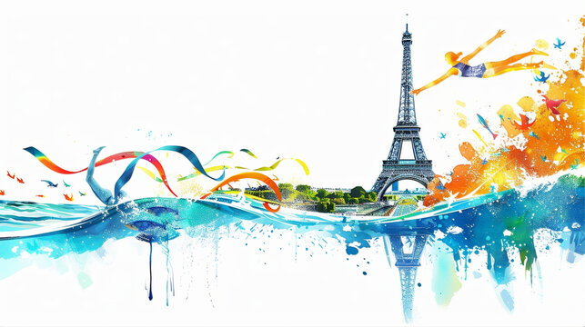2024 Olympics Paris Eiffel Tower swimming contest design concept, abstract background with  watercolor splashes