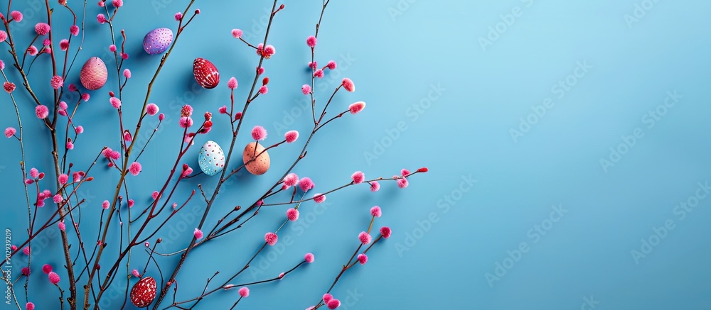 Aufkleber willow branches and colorful eggs create an easter composition on a blue background ideal for a gree