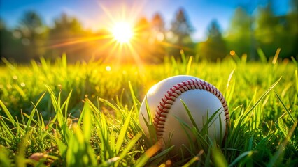 Sun-Drenched Baseball on Green Grass - A Vibrant Summer Scene  Generative AI