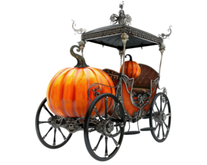 A pumpkin carriage with a pumpkin on top. The carriage is old fashioned and has a vintage feel to it