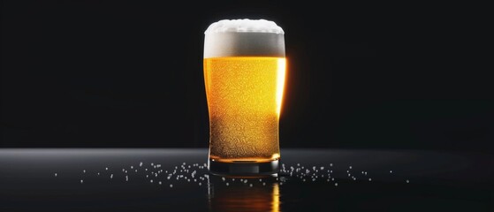 A glass of beer with foam on top on a dark surface.