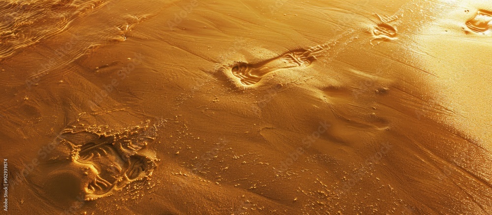 Aufkleber on the golden sand there are partial footprints from bare feet the raised edges create shadows and s
