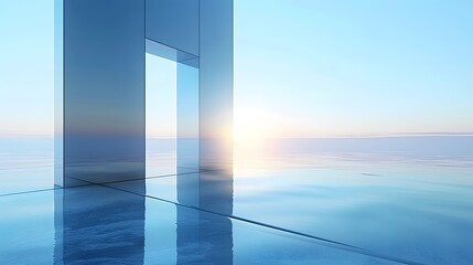 Serene Reflection: A Modern Glass Portal Overlooking Tranquil Waters at Sunrise