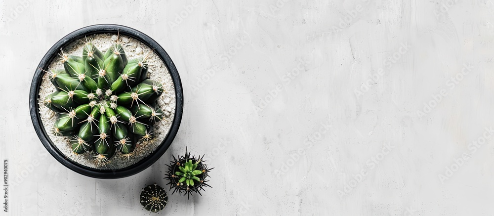 Aufkleber green cactus plant in a pot seen from above on a white desk with empty space for text around the ima