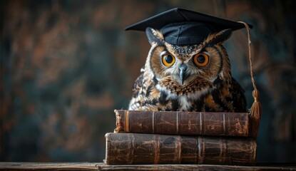 Owl in Graduation Cap on Books