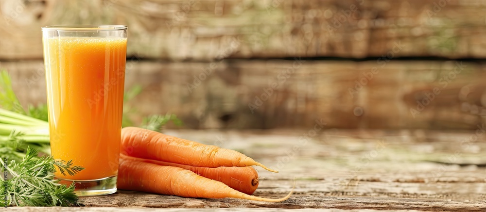 Poster Wooden table with copy space image featuring orange juice and a carrot