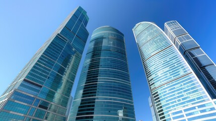 Obraz premium Tall glass skyscrapers rise against a bright blue sky, showcasing modern architecture and urban development in a vibrant city