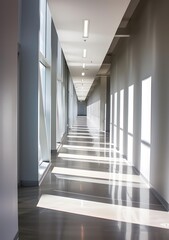 Modern Office Hallway With Bright Sunlight Streaming Through Windows