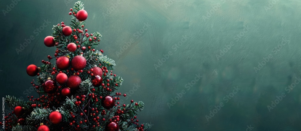 Poster A festive Christmas tree arrangement with red baubles seems to float against a green backdrop It s a simple New Year theme featuring an area for text or images. Creative banner. Copyspace image