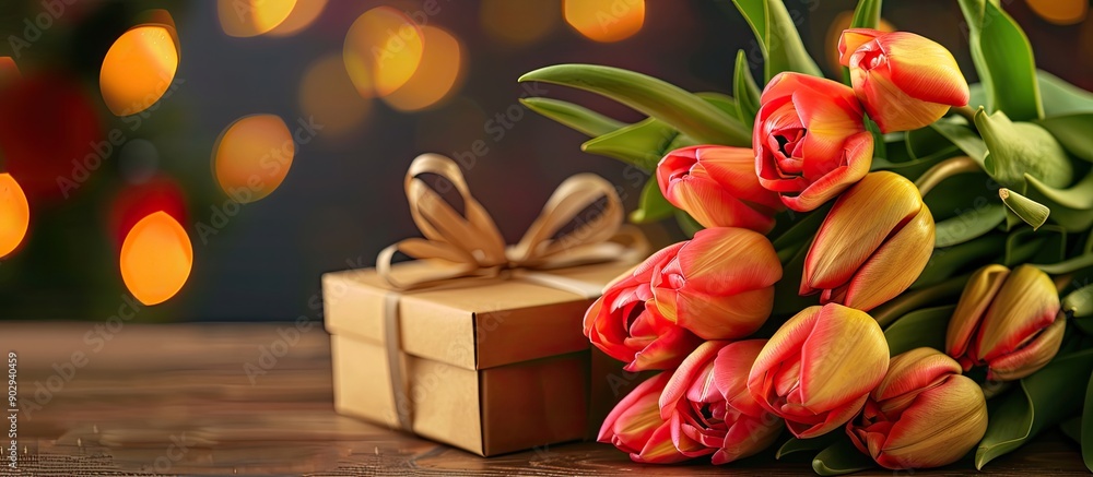 Poster tulips and a gift box displayed on a wooden table with copy space image