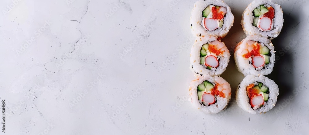 Poster Top view of a Uramaki sushi roll with cucumber avocado shrimp and red tobiko roe with copy space image