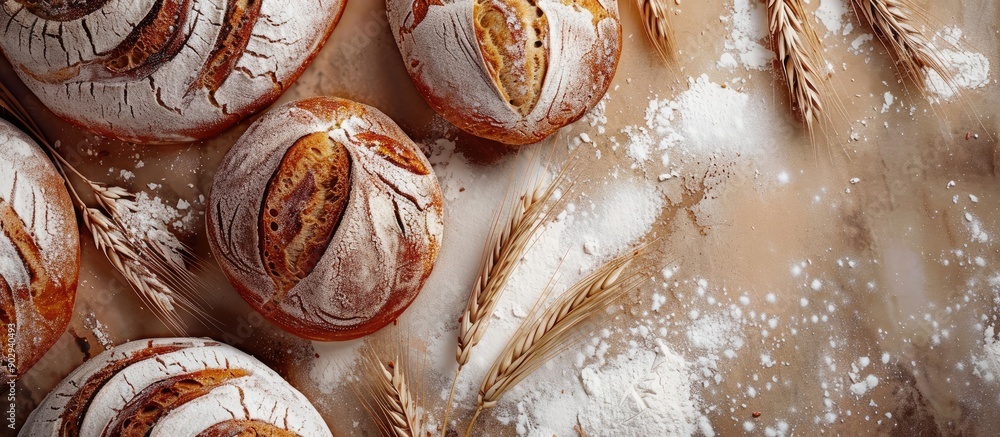 Poster Top view of a selection of assorted bakery items including three circular loaves made from wheat and rye flour with room for text or images. Creative banner. Copyspace image