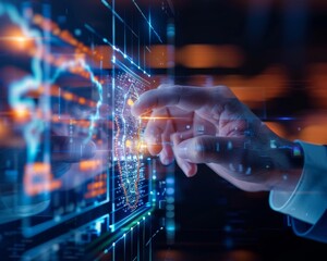 A hand interacts with a digital interface displaying data and maps, emphasizing technological advancement and data analysis.