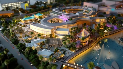 Generate a photo realistic image of a maquette representing a tourist destination with resorts, attractions, and natural landscapes; ensure the image is of high resolution for clear