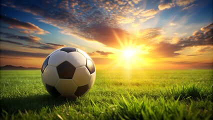 Obraz premium Sun-Drenched Soccer Ball on a Lush Green Field generative AI