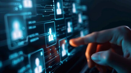 A hand points to a profile icon on a digital screen filled with icons, representing online connections and social media.