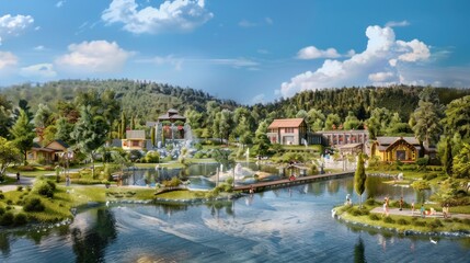 Generate a photo realistic image of a maquette representing a tourist destination with resorts, attractions, and natural landscapes