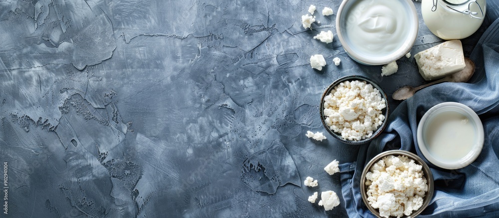 Poster top view of a grey table with a blue tablecloth showcasing various fresh dairy products like milk co