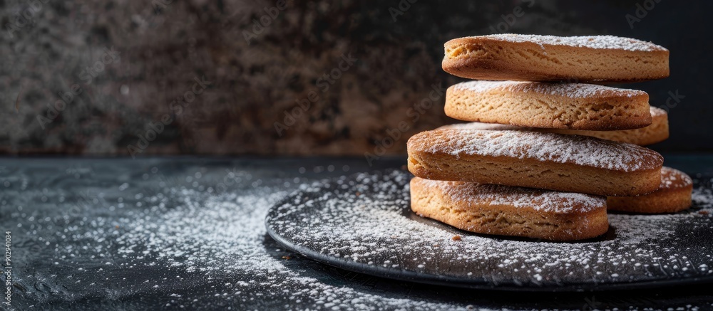 Poster Italian Savoiardi ladyfingers biscuits displayed against a dark concrete backdrop creating a sophisticated and elegant look with copy space image