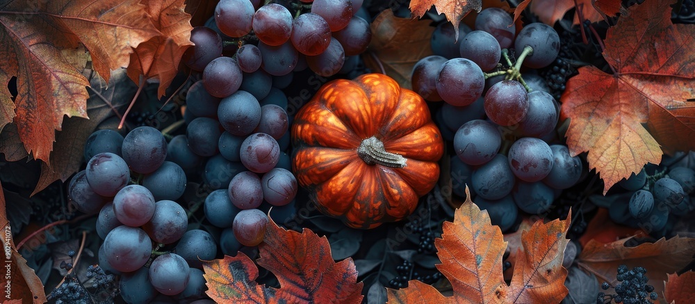 Poster fall themed arrangement featuring an orange pumpkin surrounded by grapes and autumn leaves creating 