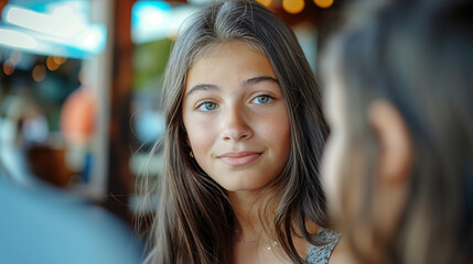 A 14 year old girl talks to an adult, view over the shoulder of the adult, the girl has a concerned facial expression