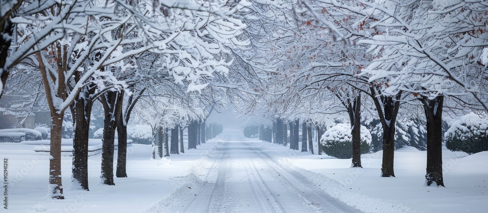 Leinwandbilder snow blankets the alley with trees covered in a layer of snow featuring abundant copy space image